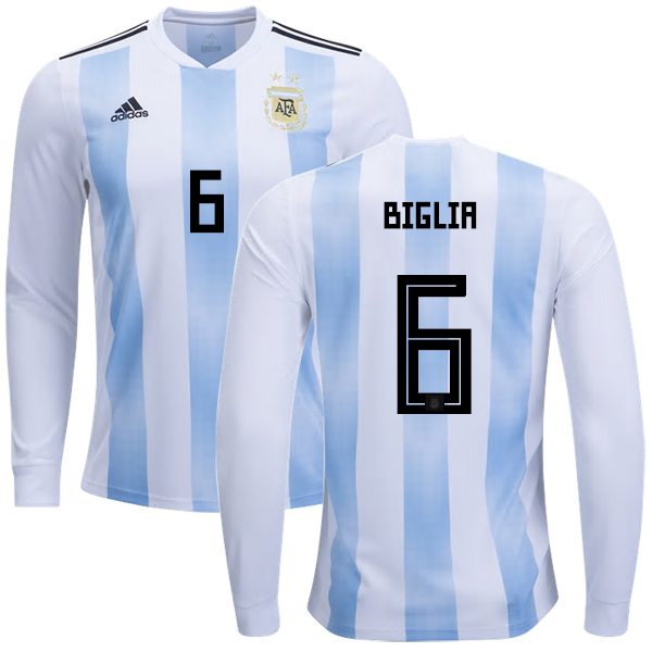 Argentina #6 Biglia Home Long Sleeves Kid Soccer Country Jersey - Click Image to Close